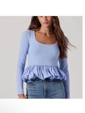 Astr the Label Light Blue Peplum Long Sleeve Top